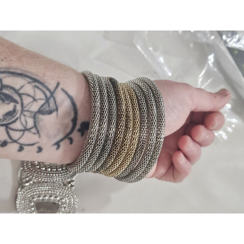 Silver & Gold Tone Mesh Stackable Bangle Bracelets + Pavé Crystal Cuff Set - Picture 4 of 8